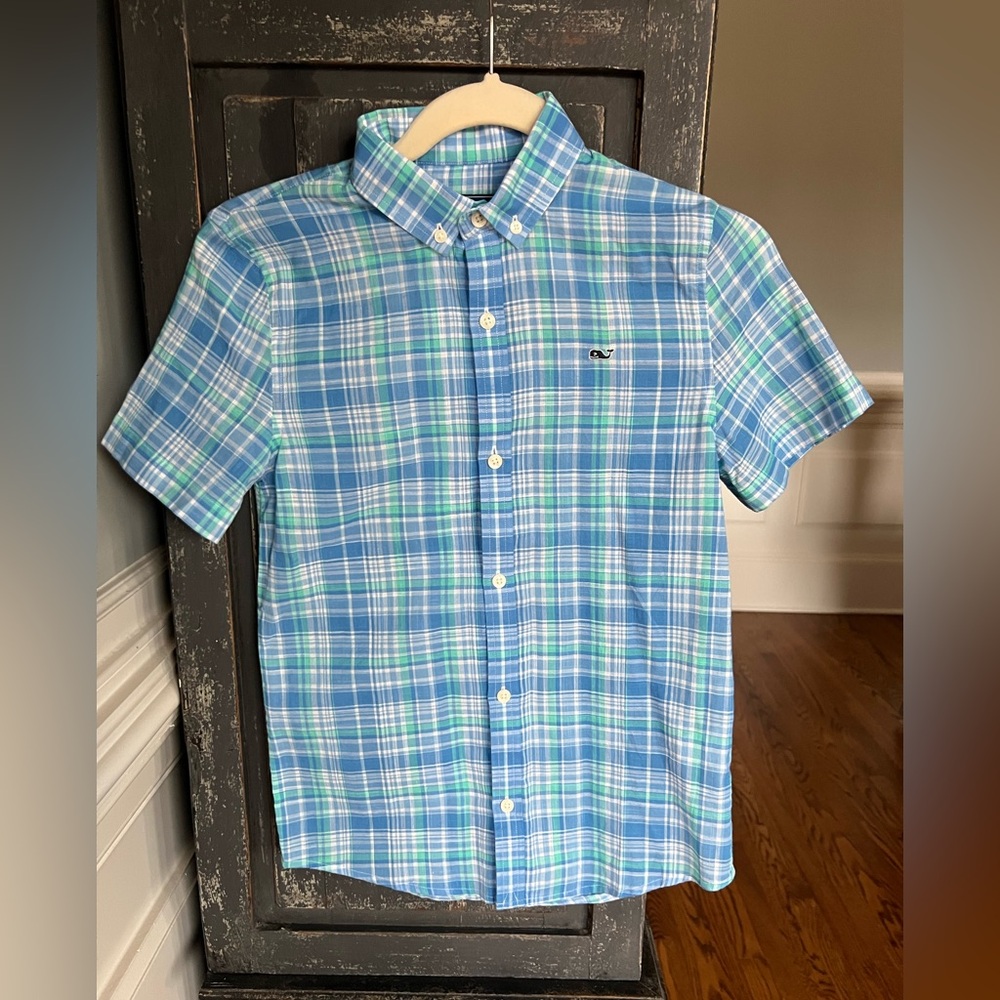 Boys Vineyard Vines Whale Shirt Blue and Green Plaid. Sz S(8-10) EUC